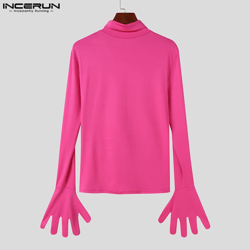 Sexy Fashion Style Tops INCERUN 2024 Mens High Neck Pink T-shirts Casual Party Shows Hollowed Thimble Long Sleeve Camiseta S-5XL