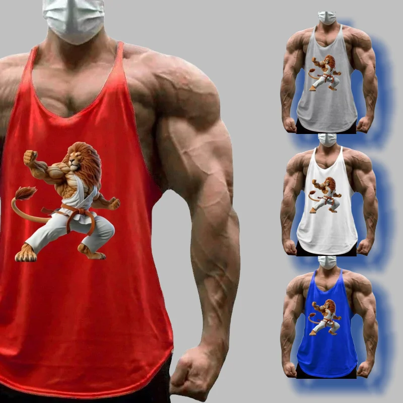

Мужской жилет с принтом льва для мышц - модная спортивная одежда-стрингер без рукавов для бодибилдинга для фитнеса, тренировок и спортивных выступлений