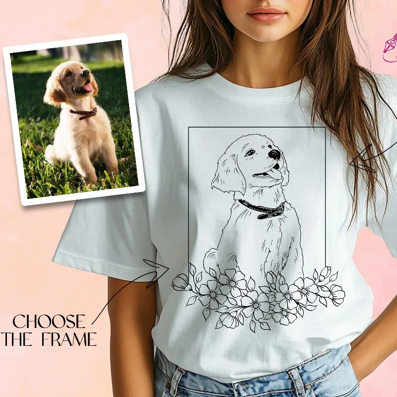 Custom Photo To Pet Dog Sketch Line Art T‑Shirt Personalized Pet Portrait With Floral Border Customized Souvenir Gift Casual