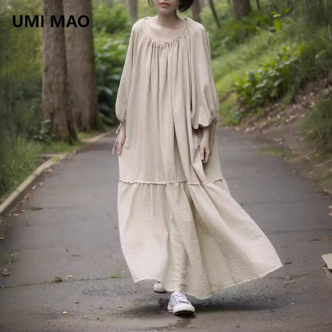 UMI MAO Loose Fitting Flesh Blocking Slimming Cotton Linen Patchwork Robe Breathable Five Part Drawstring Sleeve Dress Elegant