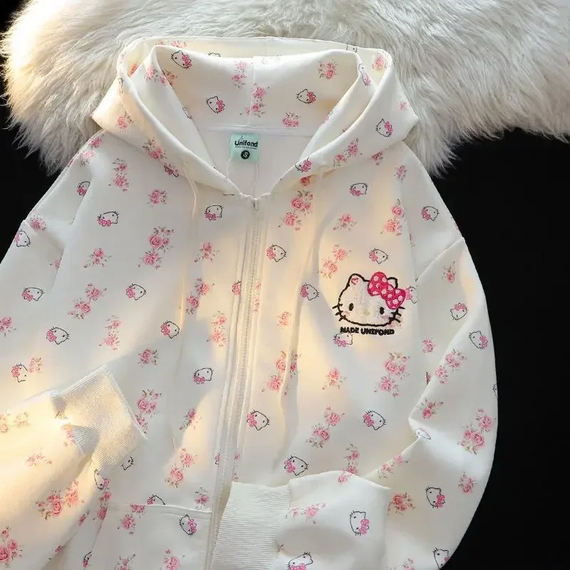 Sanurgente Hello Kitty-Cardigan à capuche pour femme, veste en coton rapCotton, sweat-shirt fin fleuri adt, cadeau Kawaii, printemps et automne