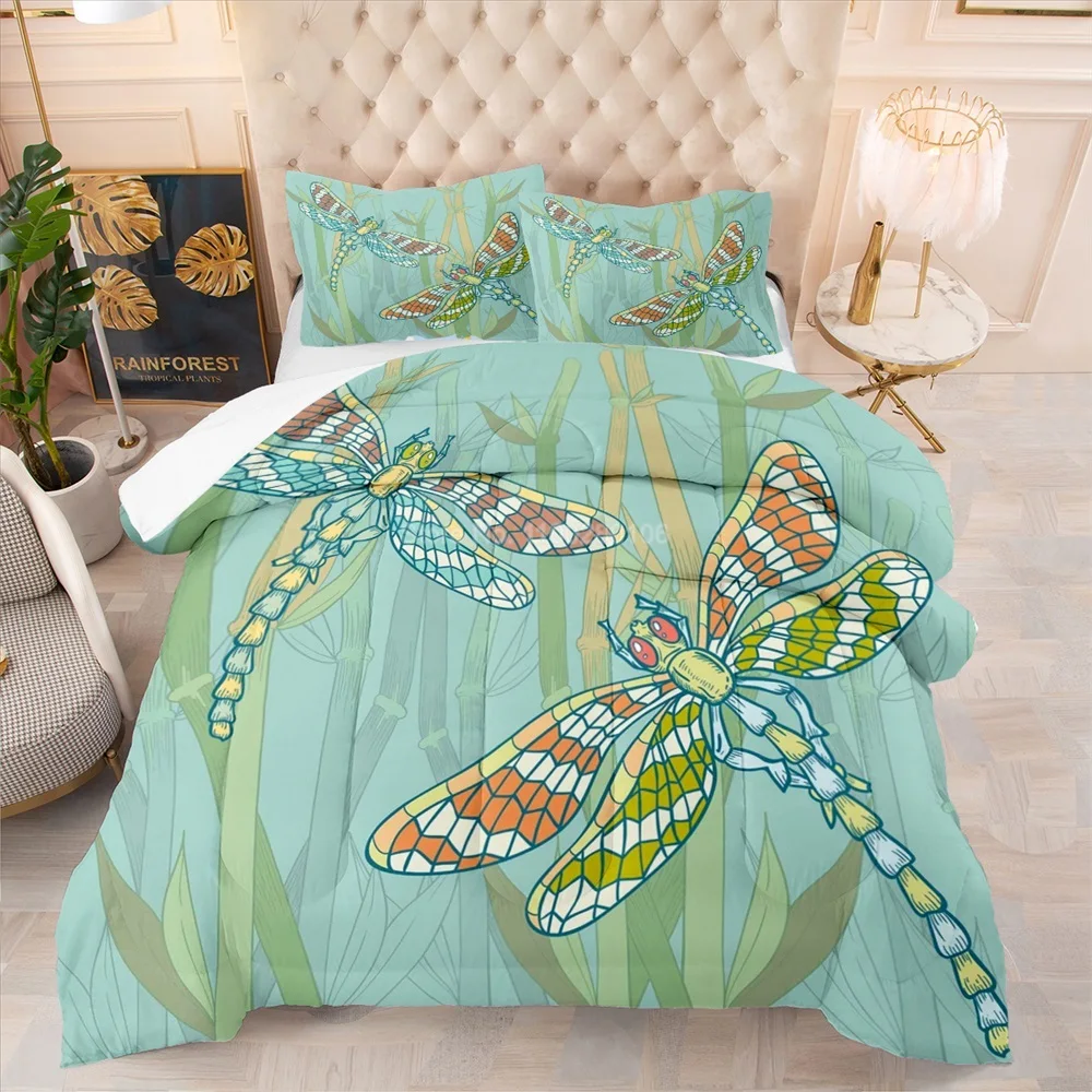 Animal Dragonfly Bohemian 3 Pieces Duvet Set Warm Lightweight Comforter Quilted Blanket with 2 Pillowcases Bedding Set