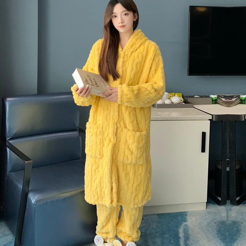 Zestaw piżam damskich ciepła bluza z kapturem koralowy polar bielizna nocna Oversize zimowa zagęszczona flanelowa piżama garnitur luźne ubrania domowe LoungeWear