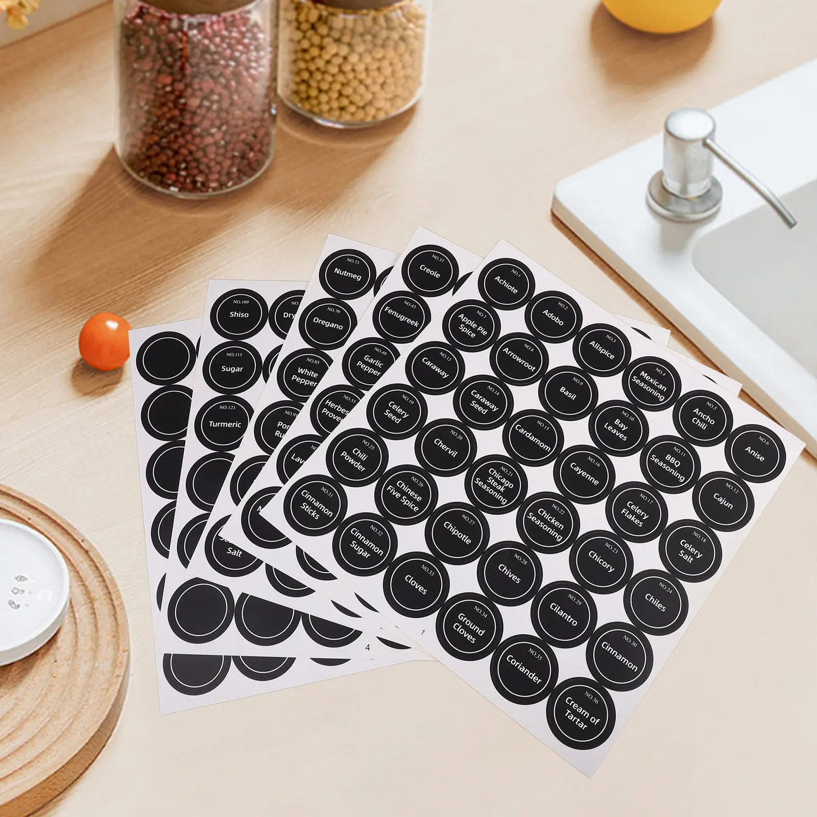 20 Hojas de Etiquetas Redondas Negras para Frascos de Especias, Etiquetas Impermeables Preimpresas en Inglés, Etiquetas para Organización de Condimentos de Cocina