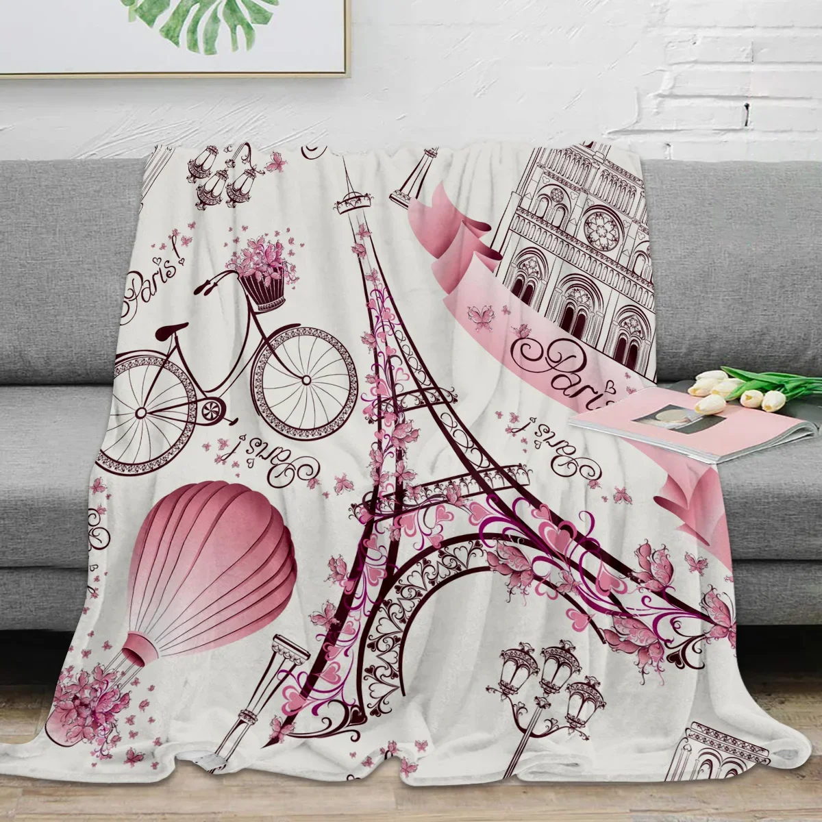 Paris Eiffel Tower Bicycle Flowers Throw Blanket Portable Warm Blanket Blankets For Beds Home Decor Sofa Blanket