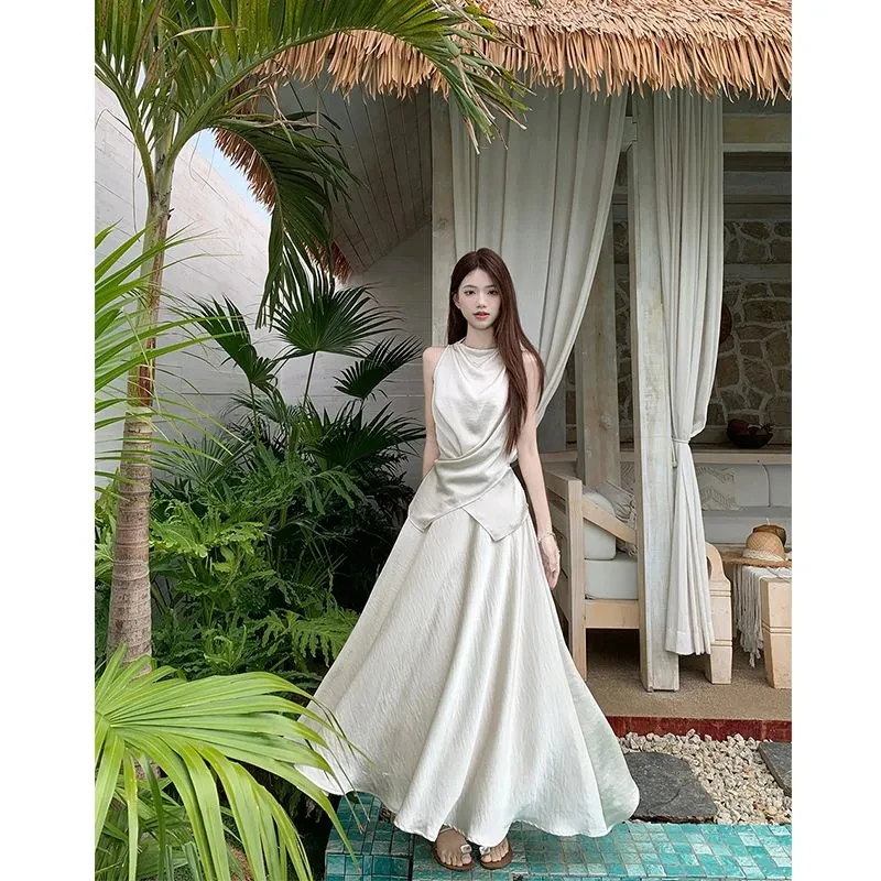 

Skirt Suit Summer Women's Clothing Two Piece Sets Bandage Irregular Vest High Waist Loose A-line Skirts Outfits Office Lady Set