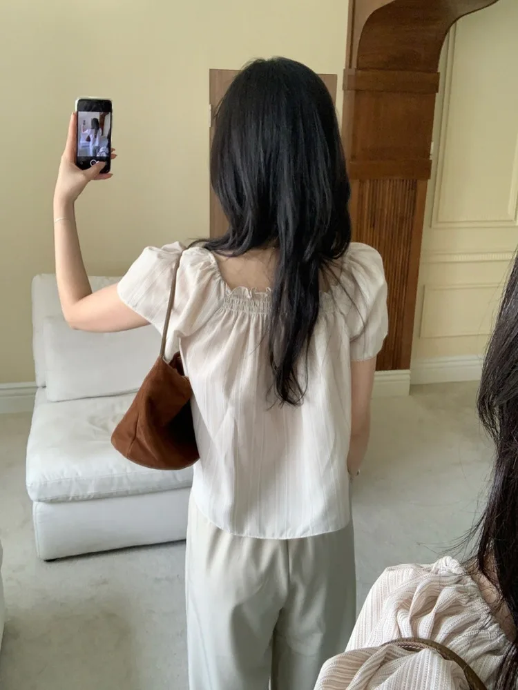 Loose Fit Lace Trim Bubble Sve irt Women's Collar Pleated Ear Look Top Trendy Sweet Youthful ort Sve Polyester