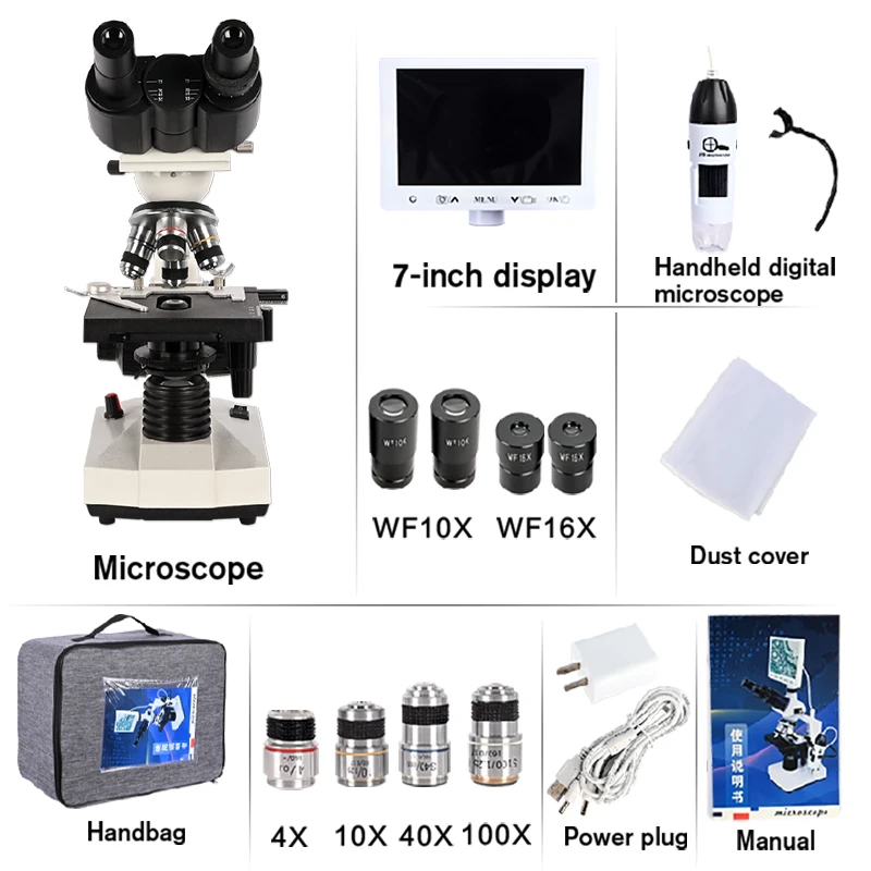 HD Zoom Trinocular Microscope Professional Lab Bio HD 2500X Handheld Multifunction Learning 7 inch Display OSL-031
