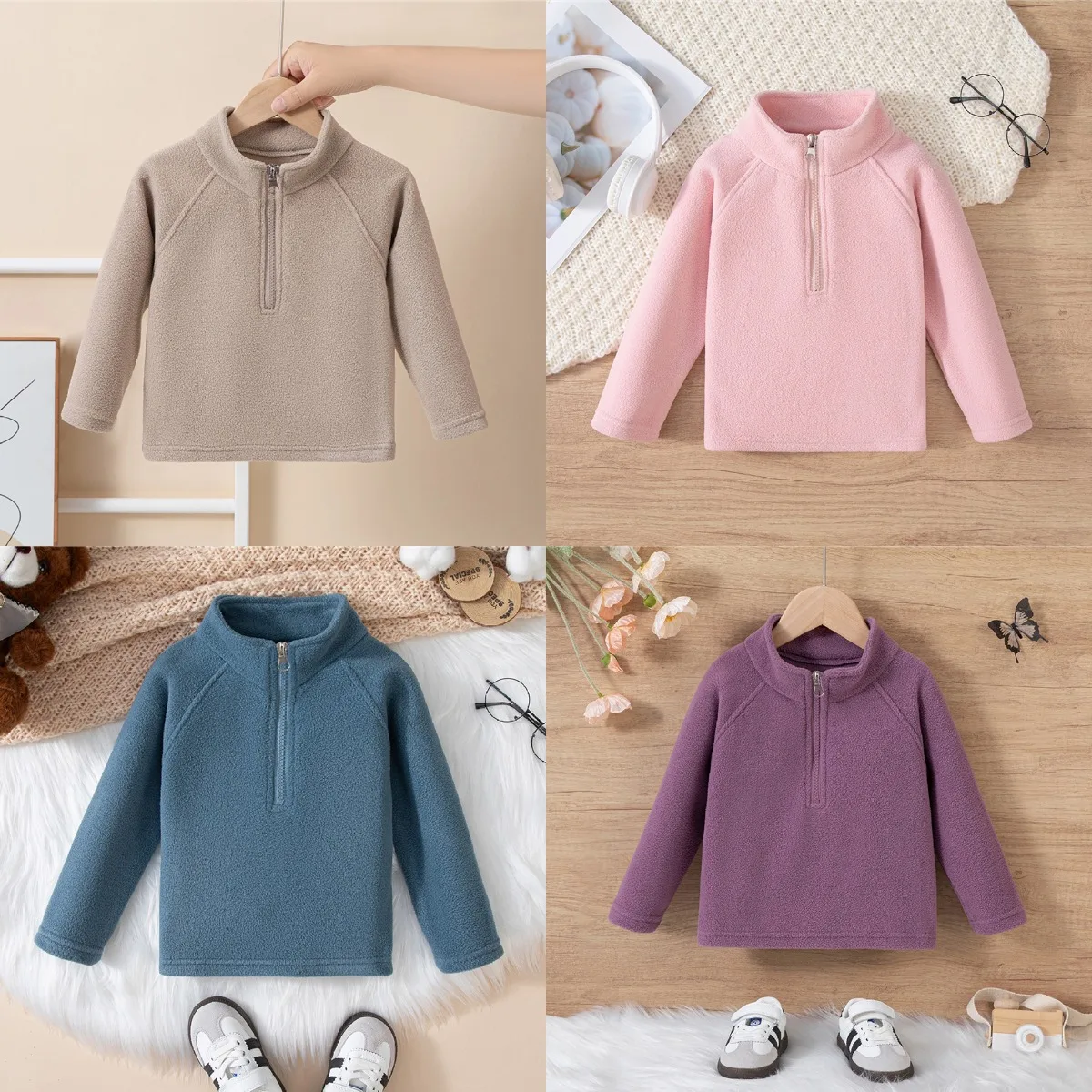 

Toddler Girls' Fleece Pullover (Khaki/Blue Options) - Half-Zip Design for Spring/Fall/Winter, Warm & Soft, Perfect for Outdoor P