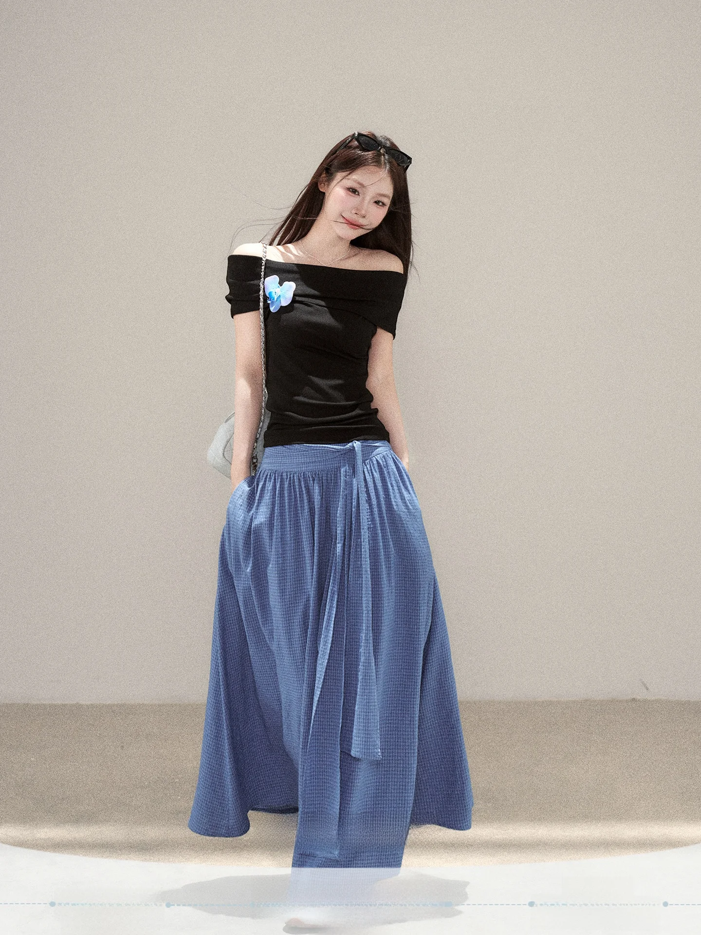 

High Waist A-Line Skirt Women's Summer New Style Blue Gingham One Small Wild Berries High Waist Long Skirt Korean Style