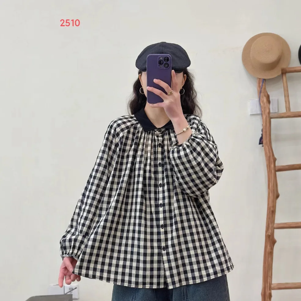 

[Готовый запас] Высококачественная женская блузка из 100% хлопка, милая клетчатая рубашка с длинными рукавами, весенняя свободная повседневная рубашка для куклы, топ