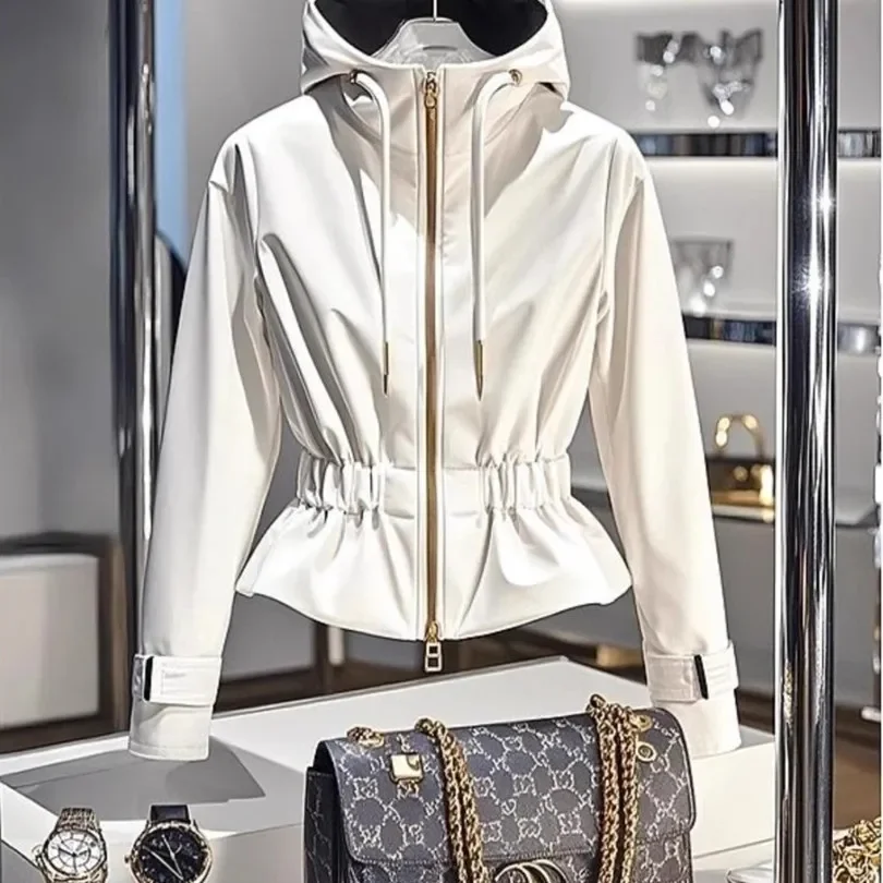 Sudadera con capucha de retales blancos para mujer, chaqueta informal coreana para oficina, abrigo con cremallera en la cintura, elegancia francesa, ropa para mujer 2025