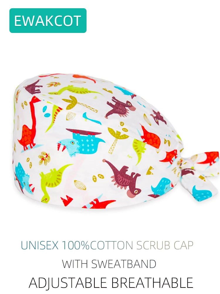 Casquette médicale à motif de dinosaure pour femmes et hommes, casquettes de chirurgien infirmier Cordlock, chapeau de chef et de dentiste, générateurs sanitaires doux, 100% coton