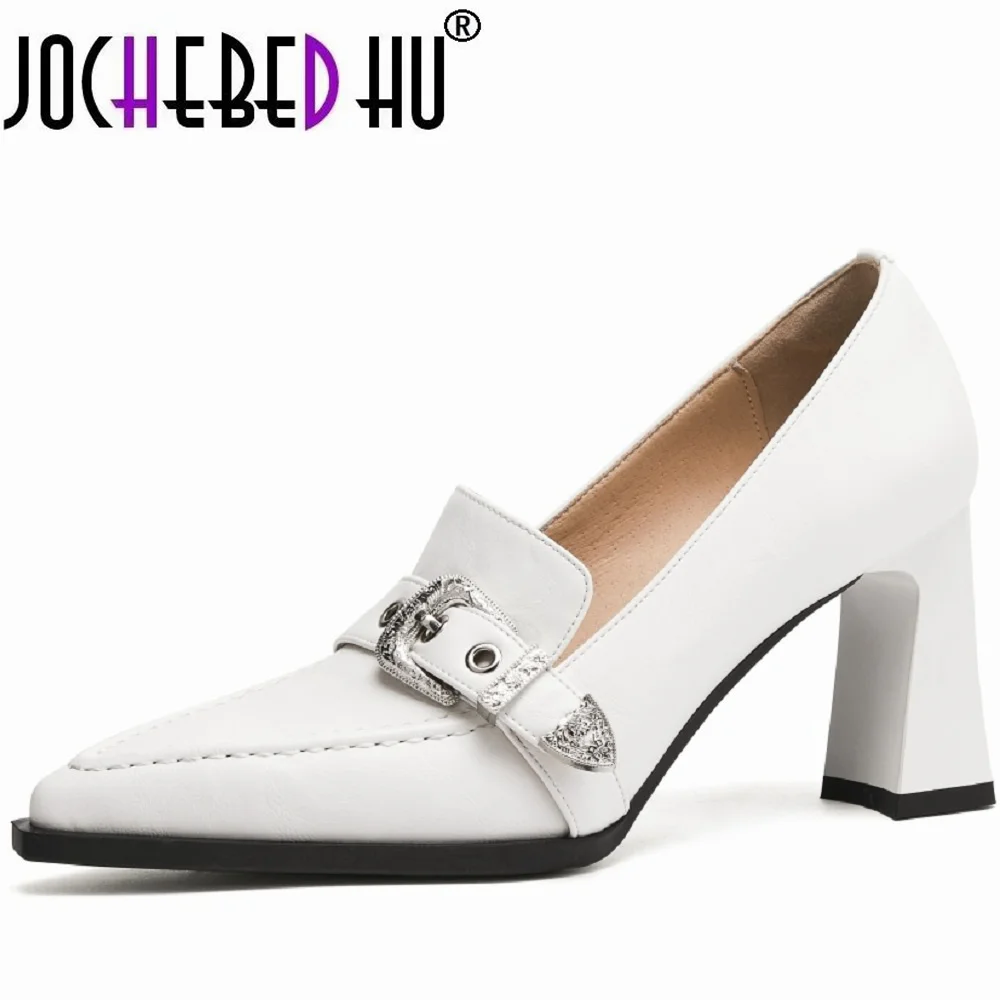 

【JOCHEBED HU】Women Loafers Pointed Toe Chunky Heel Shoes New Genuine Leather Shoes Casual Retro Pumps for 33-40