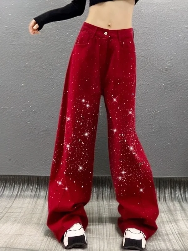 

Spring High Waist Glitter Denim Pants Women's Casual Wide Leg Jeans Sparkling Stars Slimming Loose Fit Blue Color