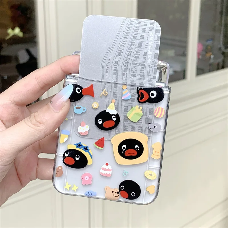 2025 الكرتون وجبات خفيفة البطريق جراب هاتف لسامسونج غالاكسي Z Flip6 4 3 الغطاء الصلب ل ZFlip3 Zflip4 Zflip5 الصلبة شل قوس