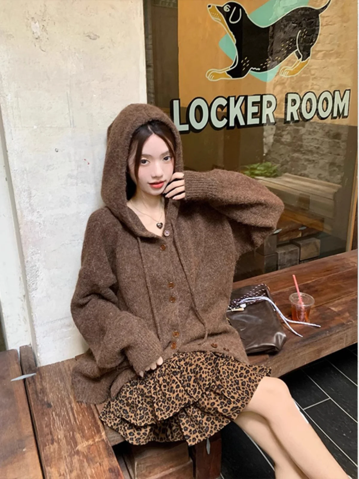 

Ladies Long Knitted Hoodie Cardigan Autumn Winter Faion Lazy Sle Outerwear Korean High-End Feeling Regular Length Top