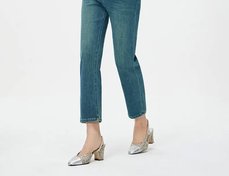 Jeans de perna reta de cintura alta feminino, slim fit, calça jeans elástica, azul escuro, alta qualidade