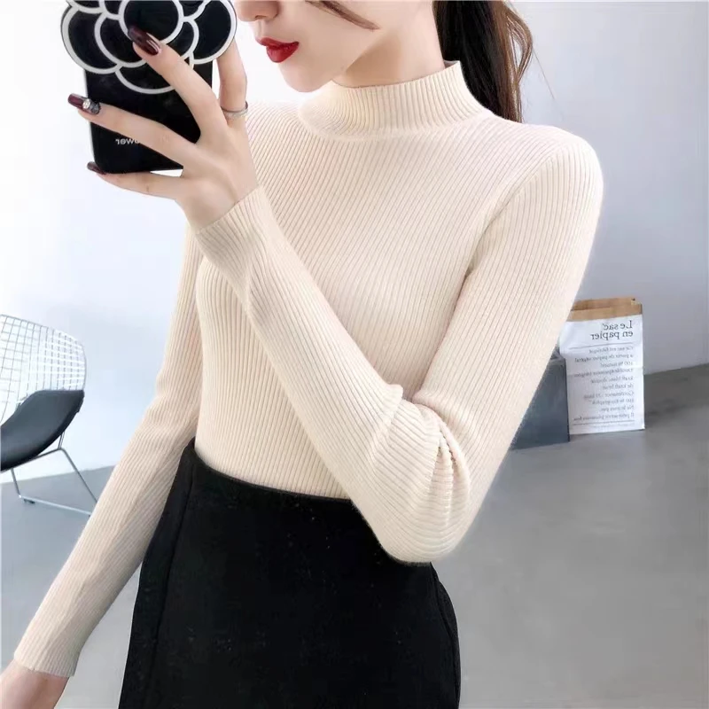 Autumn Winter High Collar Long Sleeve Skinny Elastic Casual Tops Bottoming Sweater Women Basics Knitted Warm Knitwear Pullovers