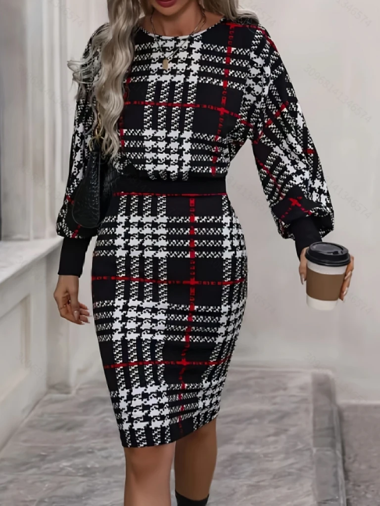 Vestido de Moda para Mujer, Otoño/Invierno, Diseño a Cuadros, Cintura Ajustada, Manga Farol, Cuello Redondo, Estilo Bodycon, Midi