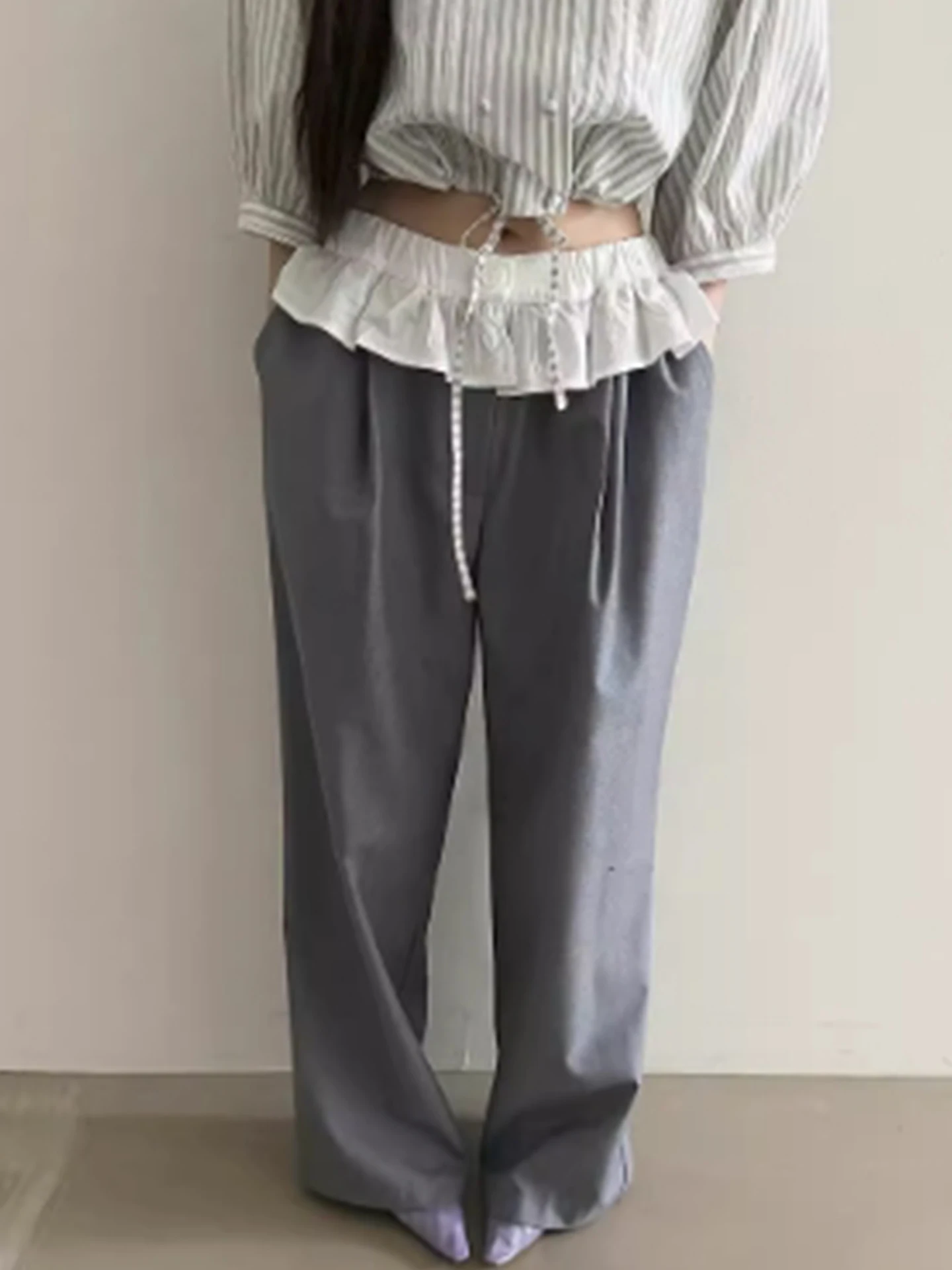 Casual High Waist Straight Leg Pants Women's Early Spring New Loose Versatile Elastic Waist Patchwork Lace Trim Polyester Fiber