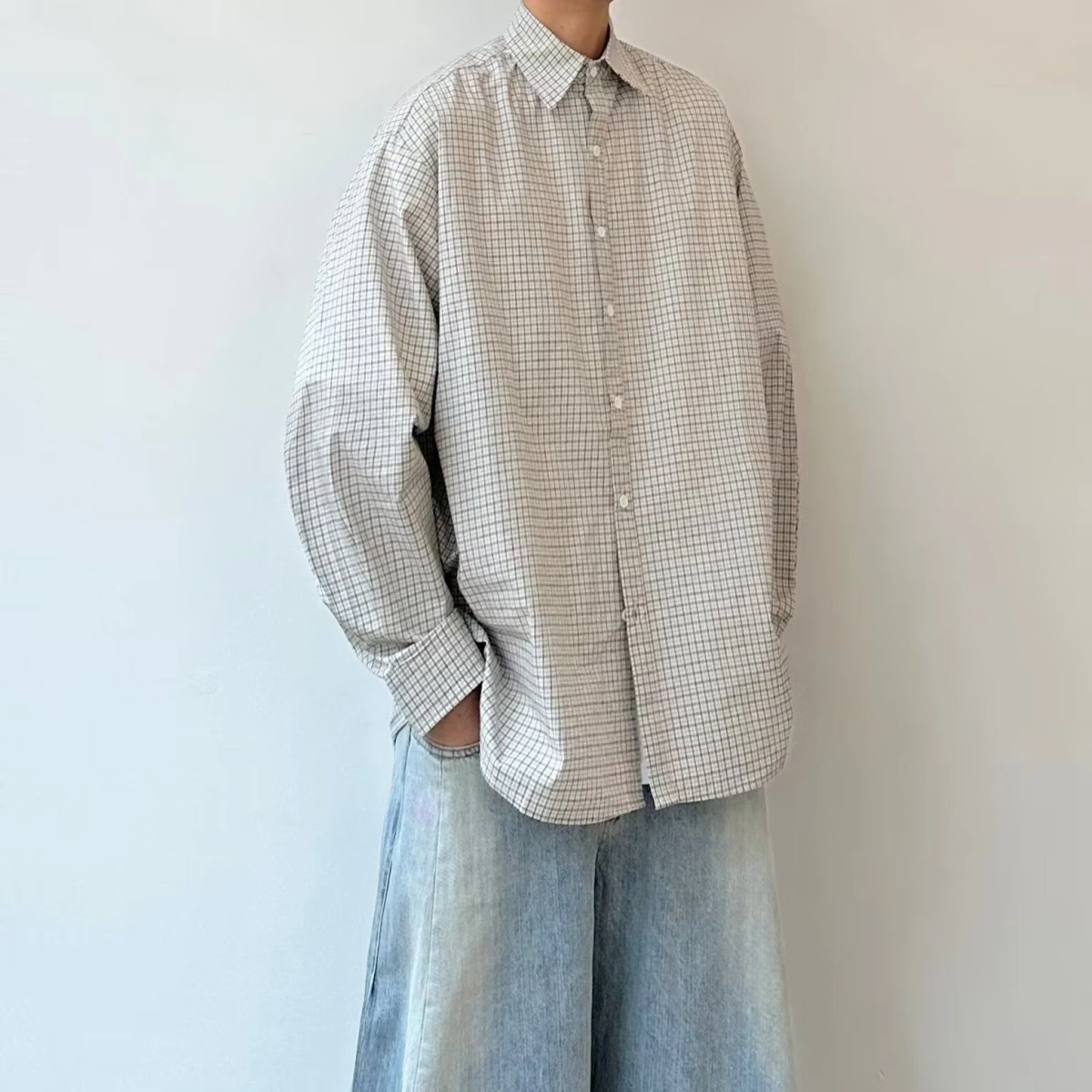 

American Retro Classic Plaid irt Men's Loose Versatile Spring Outerwear Couple's irt Long Sve Button Closure
