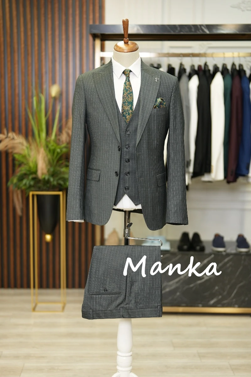 Classic Mens Striped Suit Italian Style Slim Fit Jacket Vest Trousers for Wedding Business Office Formal Male Suits