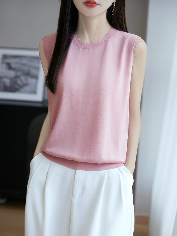 

Lace-Svel Knitted Tank Top Women Summer Trend Loose Pure Color round Ne T-irt Korean Sle Casual Faion Thin Model