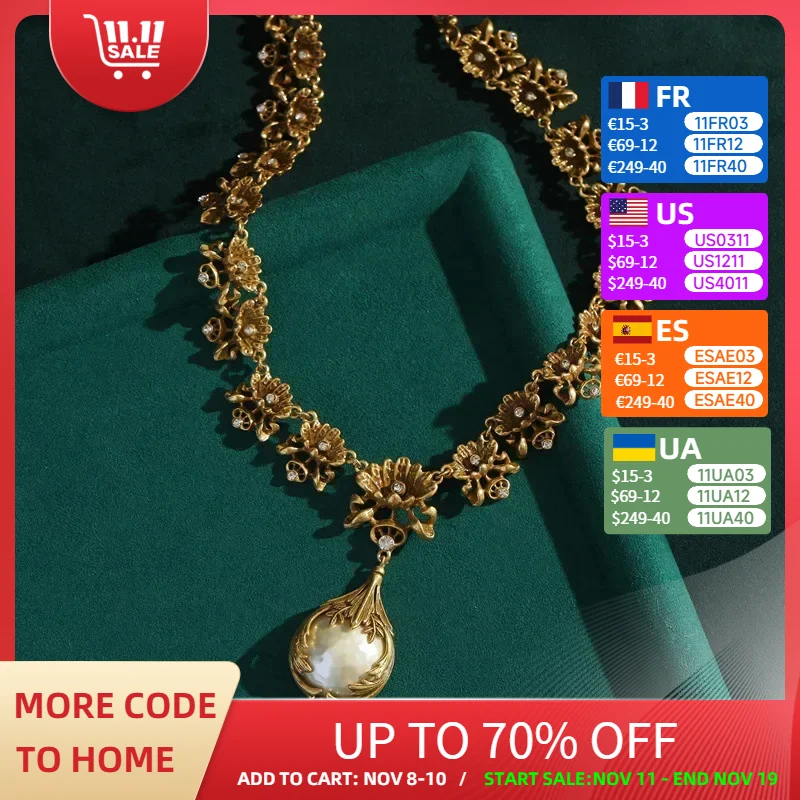 

Vintage Flower Baroque Pearl Necklace Jewelry Freshwater Elegant Natural Rhinestone Choker Luxury Dubai Antique Gold Color 2025