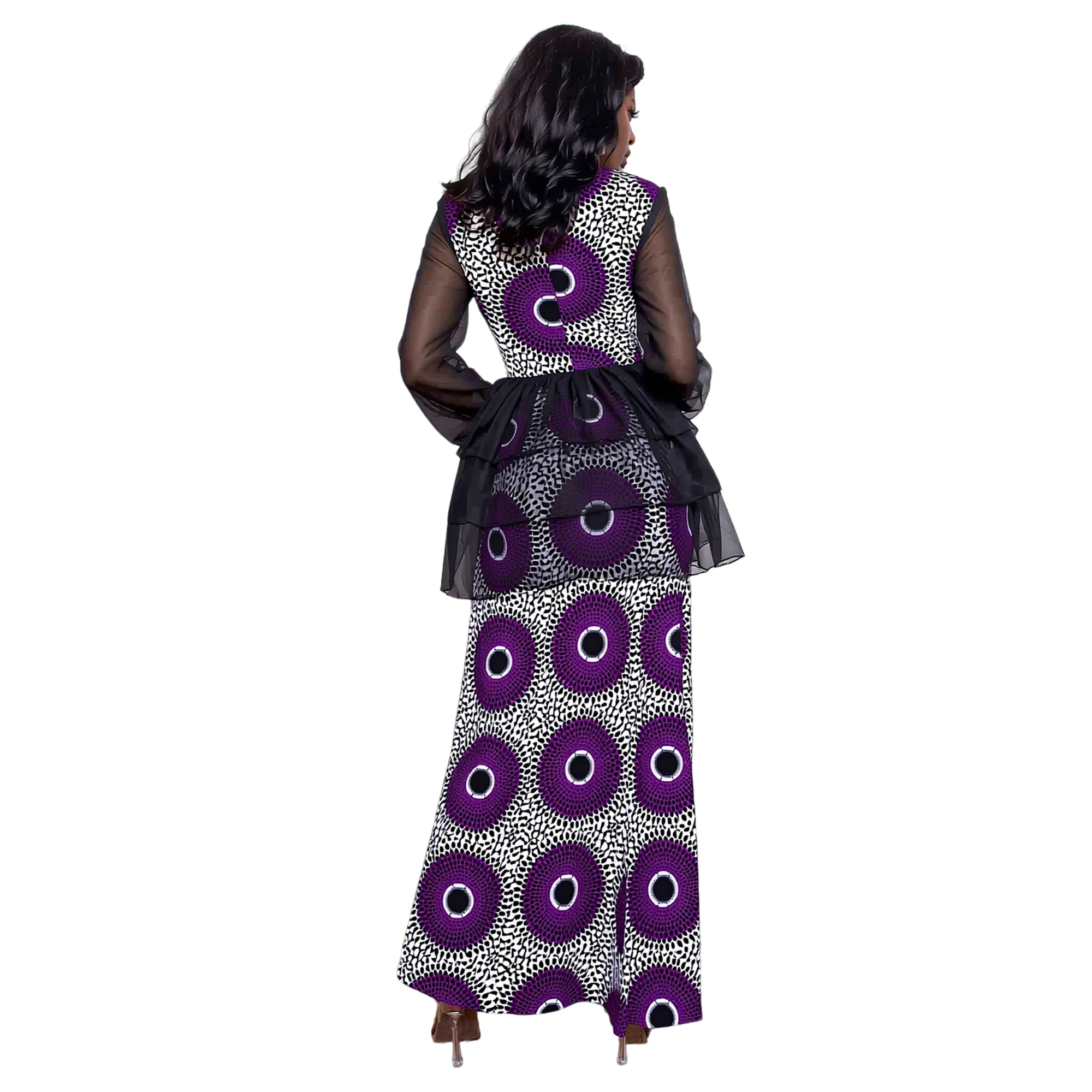 New Ethnic African Dashiki Maxi Gown Hollow Chest Design Black Chiffon Sleeve Vibrant Ankara Print Wedding Church Long Dresses
