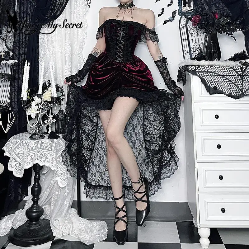 [Eres mi secreto] vestido largo sexi de terciopelo rojo oscuro para chica, falda elegante de encaje de cintura alta, ropa de mujer, vestido de fiesta 2025