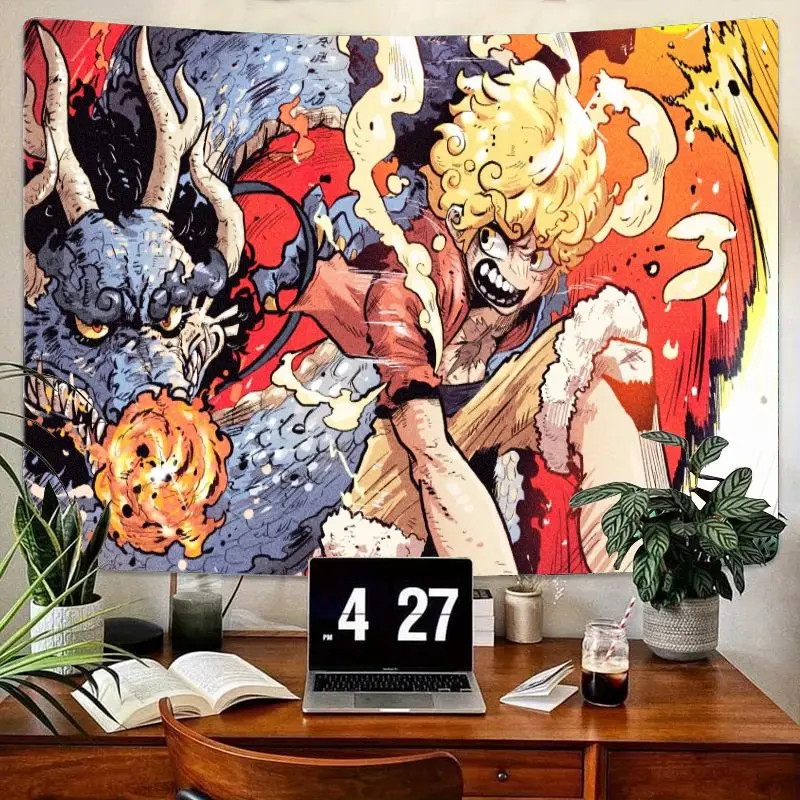 

1 шт., боевой гобелен в стиле аниме, мускулистый светлый герой против синего дракона, красный/желтый/синий фон манги, декор стен из полиэстера