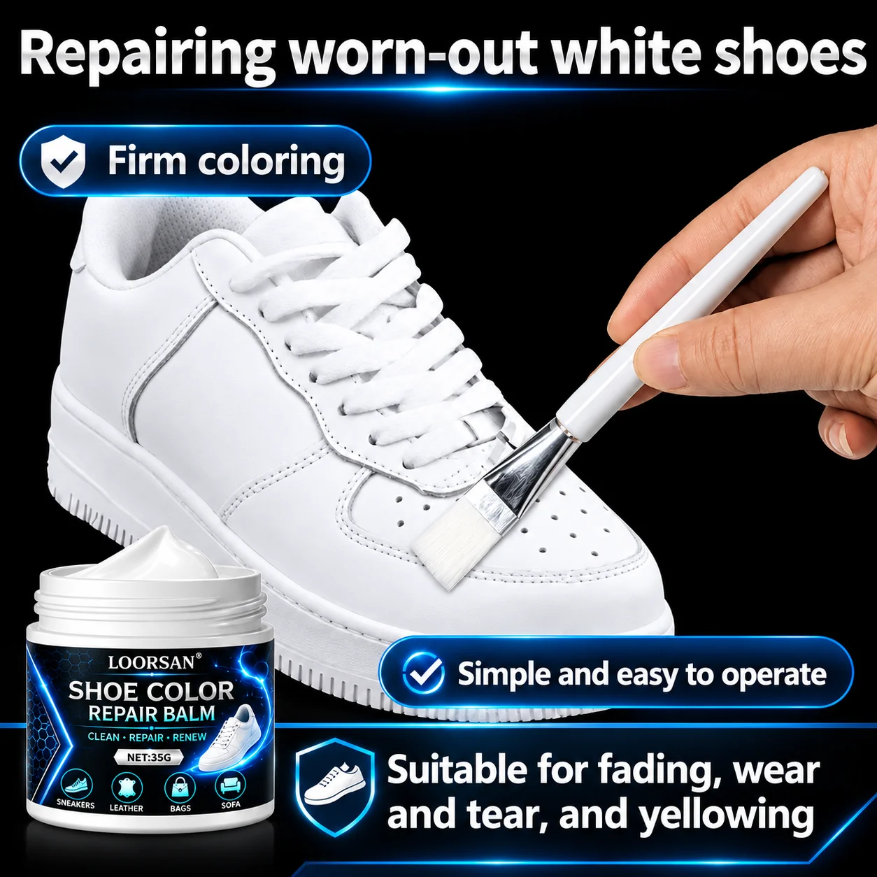 LOORSAN White Shoe Repair Cream Shoe Color Repair Balm Sneaker Recoloring Paste Leather Restoration Scratch Repair Shoe Care Kit