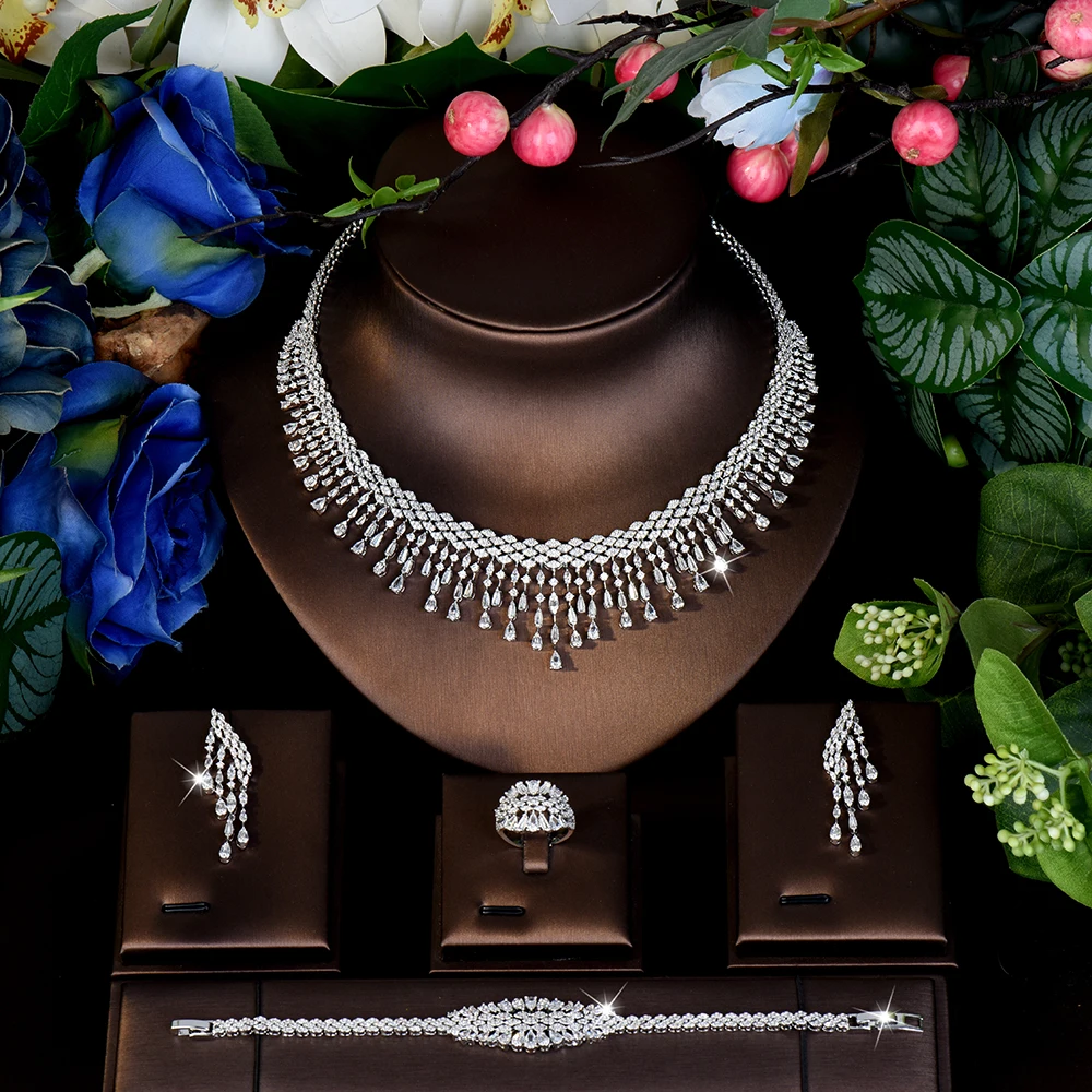 HIBRIDE 2025 New Stunning Women Tassel Necklace Earrings Bracelet 4 Piece Jewelry Set Suitable for Wedding Prom Dress Gift S-979