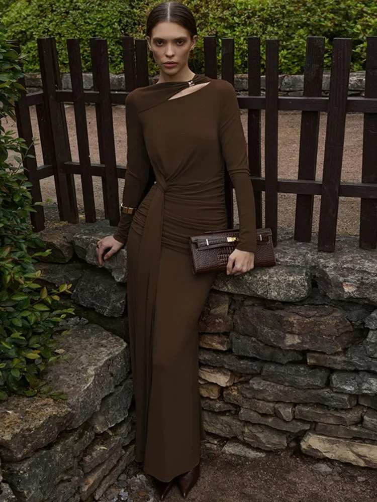 Fmxires كم طويل Ruched مثير فستان ماكسي المرأة الخريف الشتاء موضة س الرقبة عالية الخصر Bodycon نادي حفلة فستان طويل أنيق