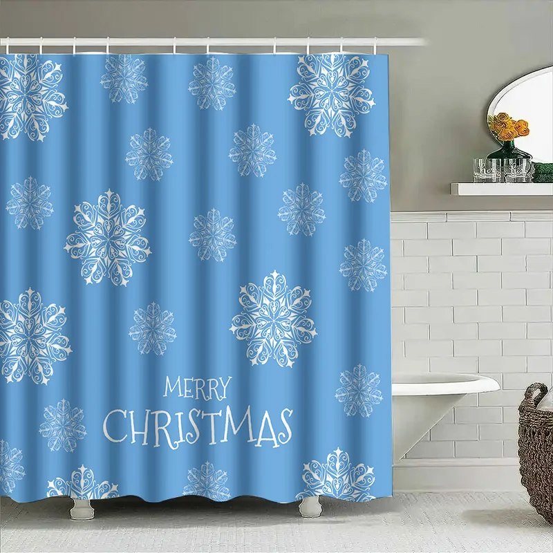 Christmas Shower Curtain Snowflake Blue Bathroom Decor Festive Holiday Gift Idea Waterproof Home Textile Linen Printed