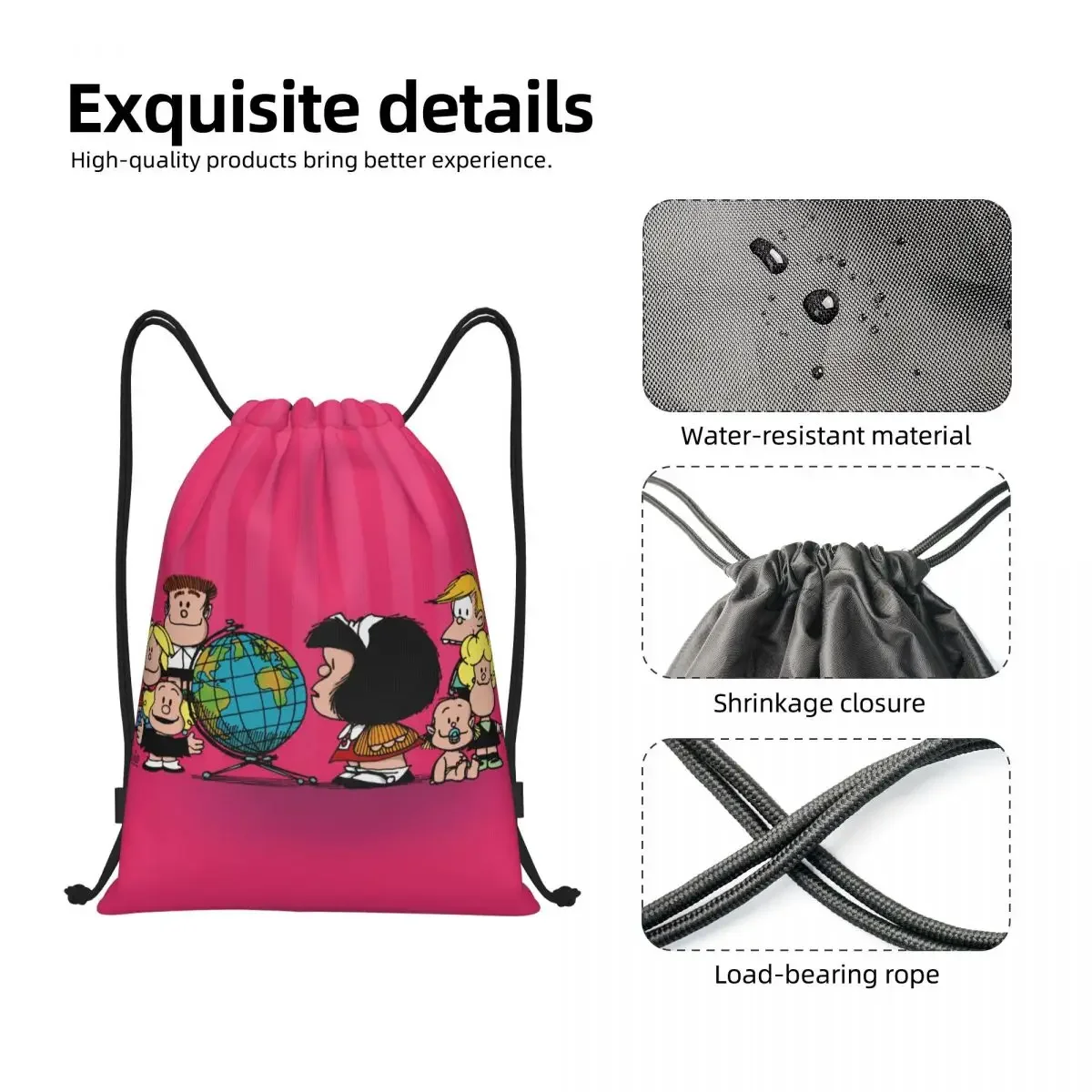 Sac à dos de dessin animé Kawaii pour hommes et femmes, sac de sport pliable, sac d'entraînement, sac à dos de proximité, Mafalda, Wstring