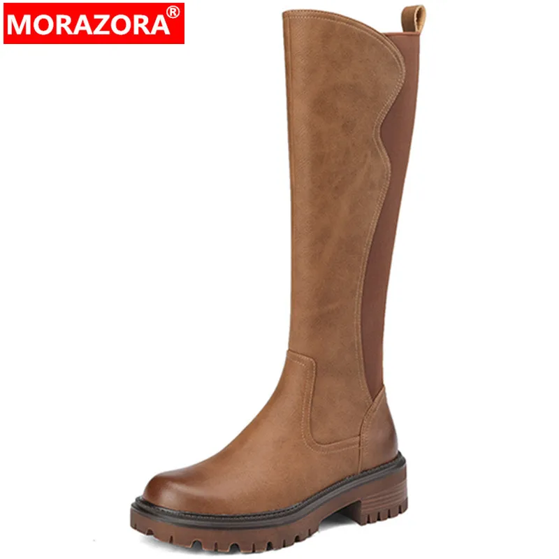 MORAZORA 2024 New Retro Thick Med Heels Zipper Shoes Ladies Winter Knee High Boots Solid Genuine Leather Women Boots