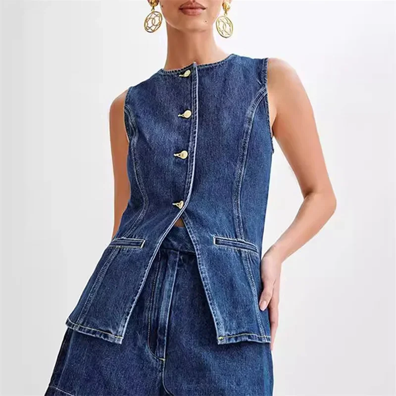 Women\'s Y2K Clothes Denim Long Vest Sleeveless Shirt Button Down Tank Top Back Slit Jean Waistcoat