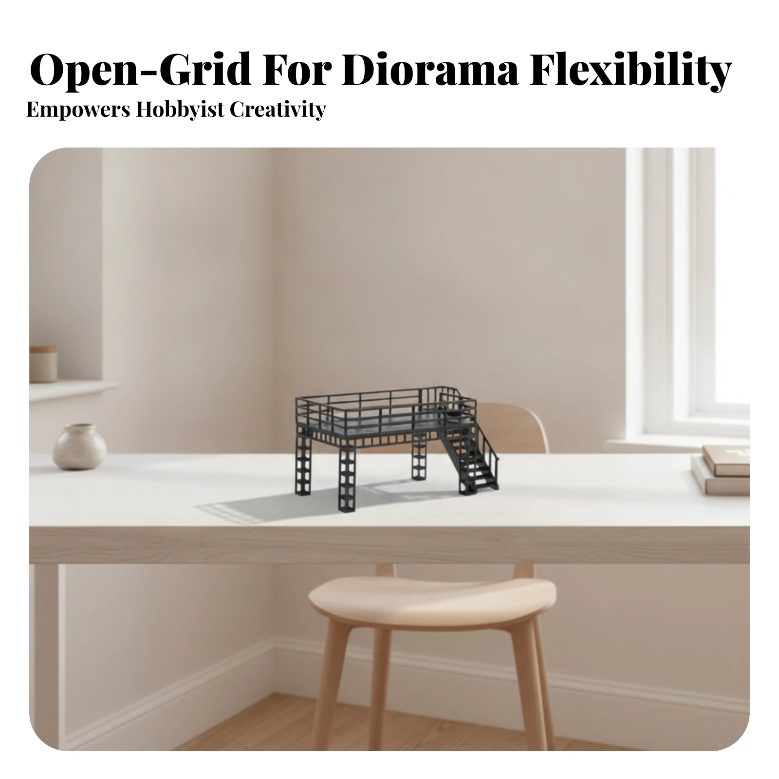 Two-Level Display Platform with Staircase Matte Black Miniature Car Display Stand with Guardrails 1/64 Staircase Model Realistic
