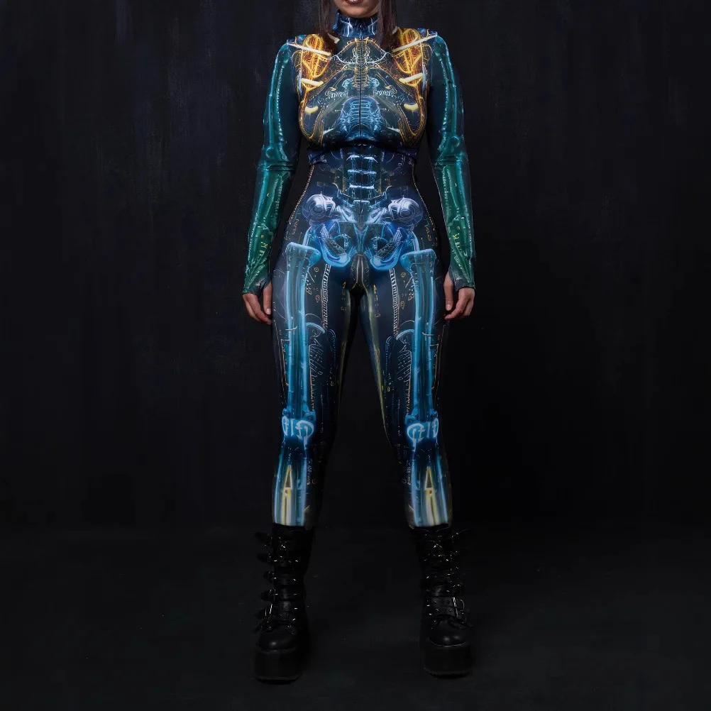 

Halloween Women Cyberpunk Green Peacock Fish Scale Jumpsuit Party Role Play Steampunk Costume Stretch Bodysuit New 2026