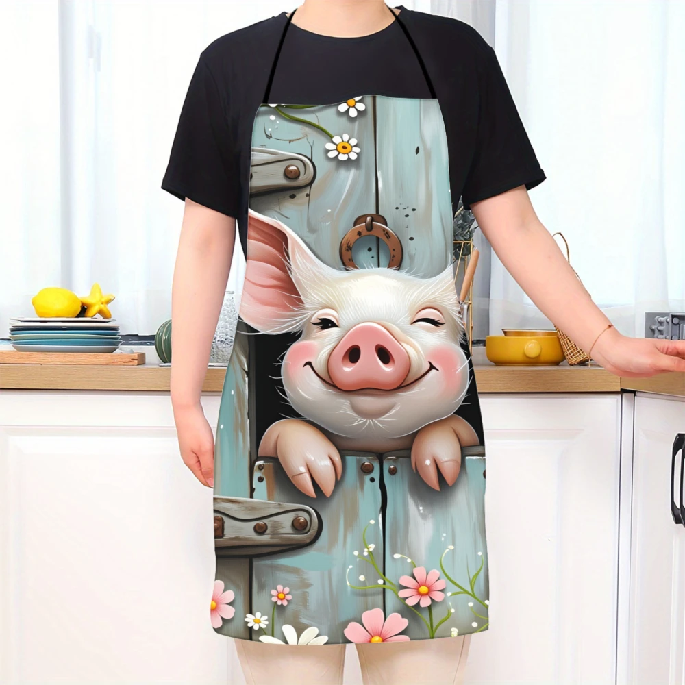 Cute Pig Peeking Through Wooden Door Apron With Flowers And Rustic Design For Cooking And Baking
