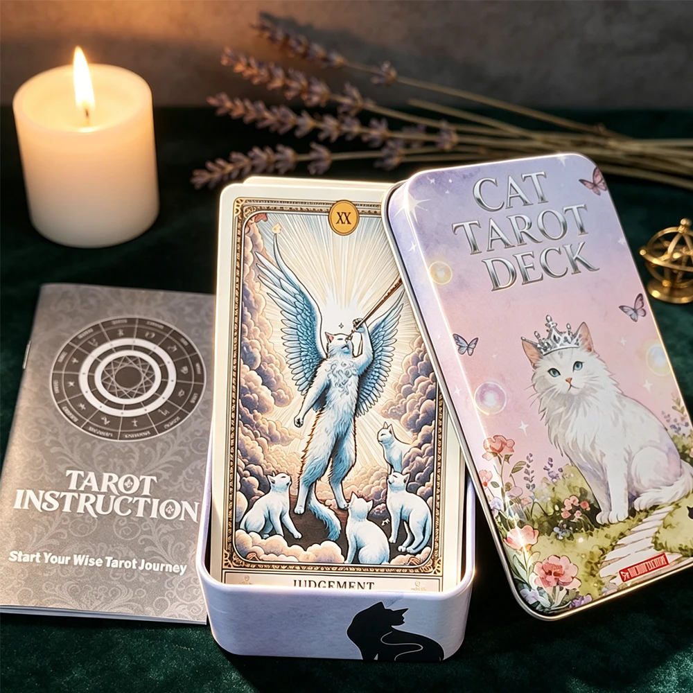 Cat Tarot Deck 11*6.2cm 78 Cards with Guidebook, Cute White Cat Theme Tarot Cards Fortune Telling Cards in Portable Tin Box view 3