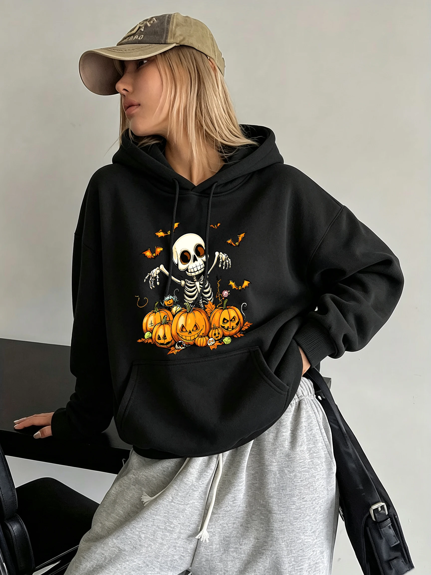 Halloween Skeleton Pumpkins Pattern Women'S Hoodies Loose Y2K Hoody Autumn Jogging Sportswear Fleece Pocket Female Pullovers