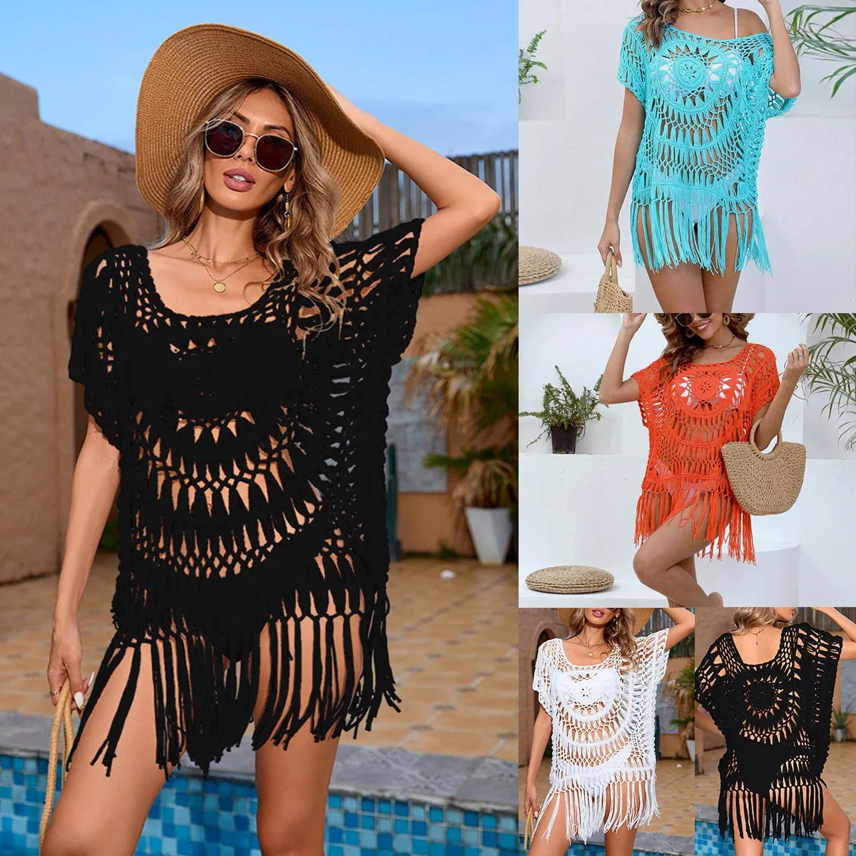 2025 ฤดูร้อนถักโครเชต์ Hollow Out พู่บิกินี่ Cover Ups ผู้หญิงสแควร์คอสั้นแขนเสื้อ Sheer Casual Beach Dress