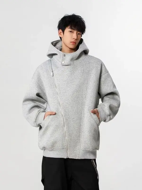 

American Retro High Street Design Hoodie Double Zipper Asymmetrical ex Spring Autumn Heavyweight Hooded Cardigan Jaet T...