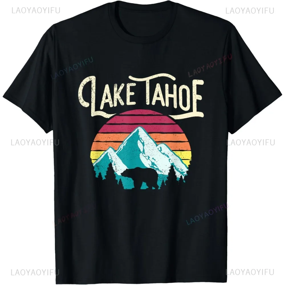 80s 90s Vintage Lake Tahoe Mountain Shadow Graphic Printed T-Shirt Casual Fashion Loose Harajuku Streetwear Hip Hop Man Tshirt