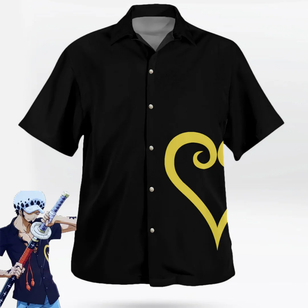 One Piece Trafalgar Law Zou Arc Cosplay Button-Up Black Shirt Summer Leisure Men's T-Shirt Children's Clothing Tee Y2k Woman