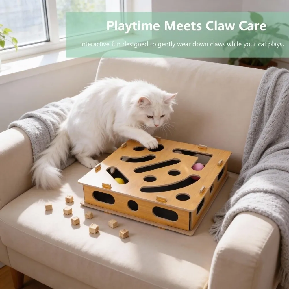 Sandpaper Surface Cat Nail File Enrichment Box Claw Care Bell Ball Interactive Maze Scratcher Stress Free Durable Cat Toy