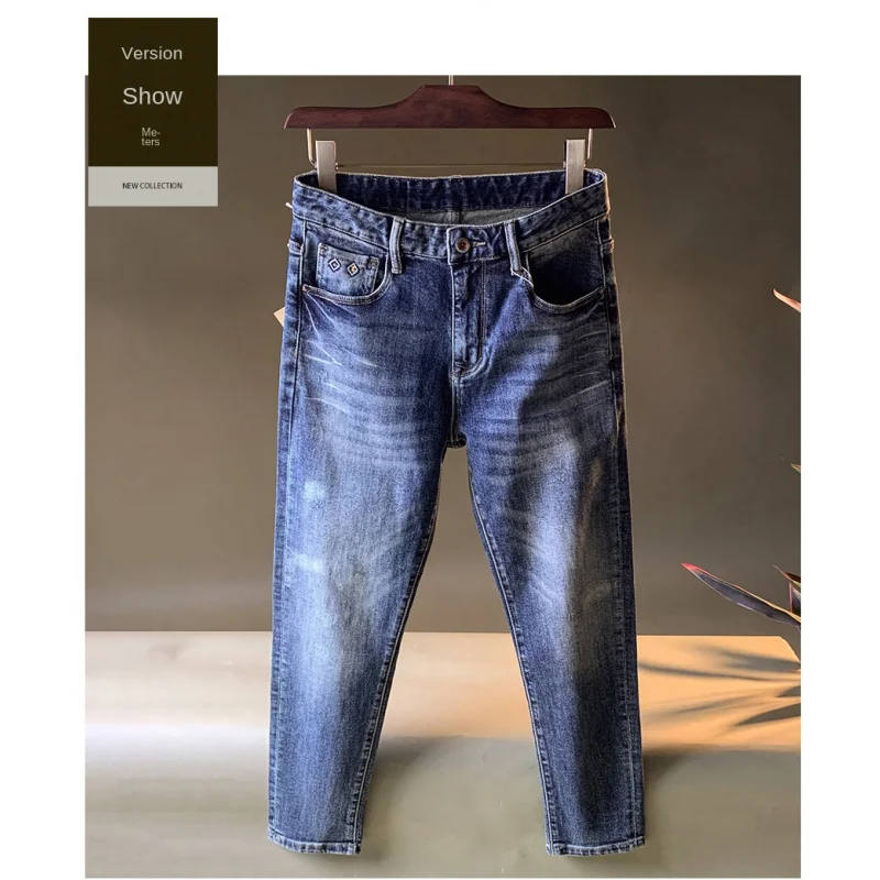 

Новинка осени 202, мужские джинсы, маленькие прямые трубки, универсальные повседневные модные корейские версии, модные потертые джинсовые брюки
